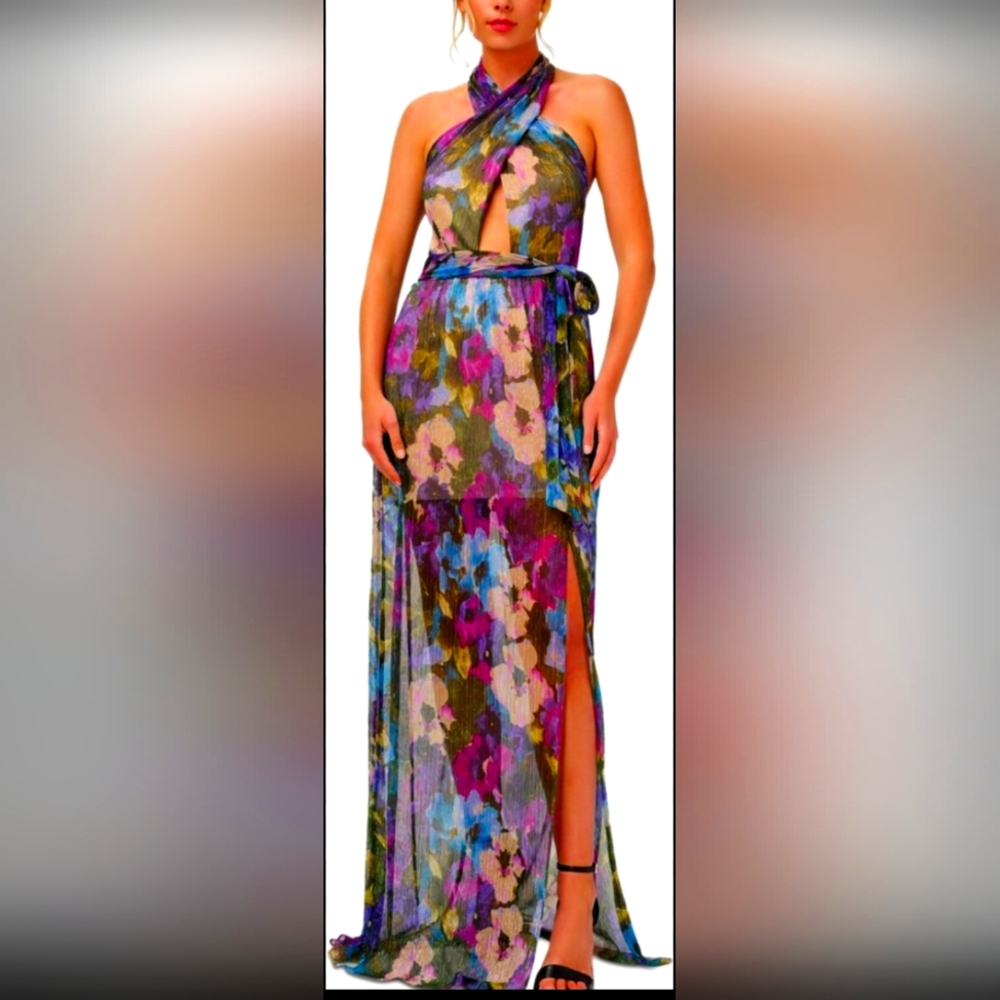 Aidan Mattox Crinkle Mesh Floral Print Halter dress Size 6 New NWT